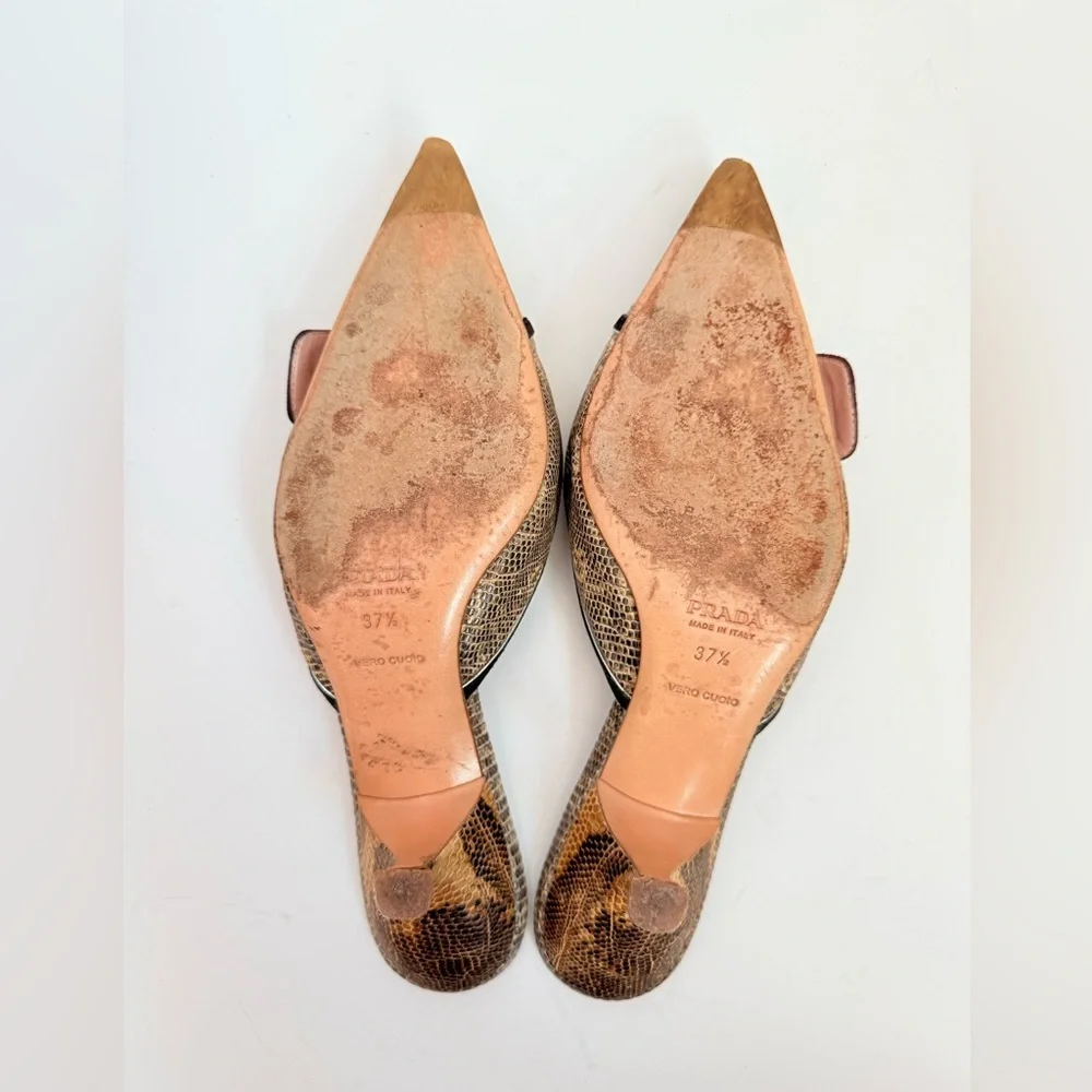 Prada Beige/ Tan Python snakeskin Vintage Buckle Embellished Kitten mules EU37.5 - Picture 7 of 8